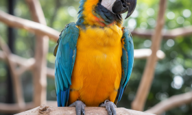 A vibrant, photorealistic medium shot of a majestic macaw parrot perched comfortably on a natural wood branch