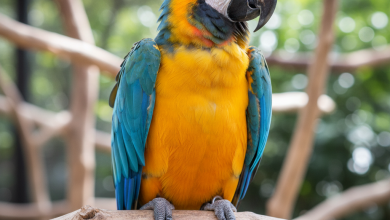A vibrant, photorealistic medium shot of a majestic macaw parrot perched comfortably on a natural wood branch