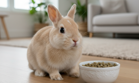 A photorealistic, high-resolution shot of a healthy and fluffy Netherland Dwarf rabbit with bright eyes, sitting next to a ceramic bowl filled with high-quality Versele Laga pellet food
