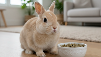 A photorealistic, high-resolution shot of a healthy and fluffy Netherland Dwarf rabbit with bright eyes, sitting next to a ceramic bowl filled with high-quality Versele Laga pellet food