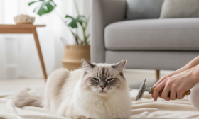 A photorealistic, heartwarming image of a beautiful long-haired cat, possibly a Persian or a Ragdoll with soft, fluffy fur, being gently groomed by its owner