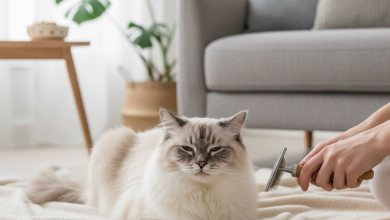 A photorealistic, heartwarming image of a beautiful long-haired cat, possibly a Persian or a Ragdoll with soft, fluffy fur, being gently groomed by its owner