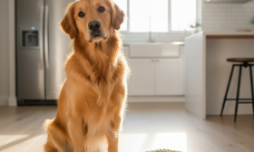 A photorealistic, heartwarming shot of a healthy and happy adult Golden Retriever sitting patiently on a clean, light wood floor in a modern, sun-drenched kitchen