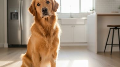 A photorealistic, heartwarming shot of a healthy and happy adult Golden Retriever sitting patiently on a clean, light wood floor in a modern, sun-drenched kitchen