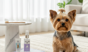 A photorealistic, bright, and airy shot of a perfectly groomed Yorkshire Terrier sitting attentively on a plush, cream-colored rug in a modern and clean living room