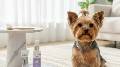 A photorealistic, bright, and airy shot of a perfectly groomed Yorkshire Terrier sitting attentively on a plush, cream-colored rug in a modern and clean living room