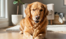 A photorealistic, heartwarming shot of a happy Golden Retriever sitting on a clean, light-colored wooden floor in a brightly lit living room