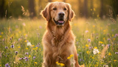 A stunning, photorealistic shot of a healthy and happy adult Golden Retriever sitting in a lush, sun-dappled meadow during the golden hour