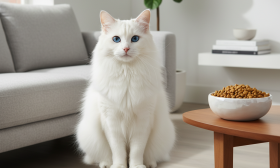 A photorealistic, bright, and airy shot of a stunning pure white Angora cat with striking blue eyes