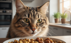 A photorealistic, heartwarming close-up shot of a beautiful long-haired tabby cat cautiously sniffing a bowl of Felicia dry cat food mixed with some wet food