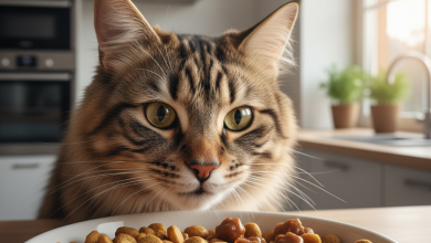 A photorealistic, heartwarming close-up shot of a beautiful long-haired tabby cat cautiously sniffing a bowl of Felicia dry cat food mixed with some wet food