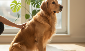 A photorealistic, heartwarming shot of a beautiful Golden Retriever with a remarkably shiny and healthy coat