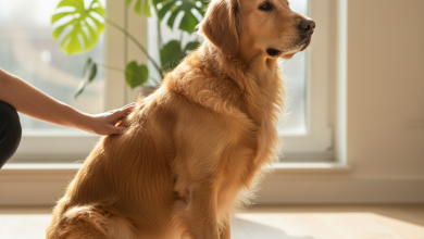 A photorealistic, heartwarming shot of a beautiful Golden Retriever with a remarkably shiny and healthy coat