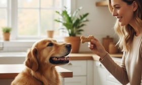 A photorealistic, heartwarming shot of a healthy and happy Golden Retriever looking lovingly at its owner