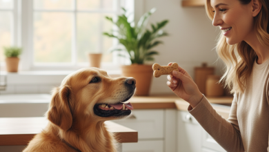 A photorealistic, heartwarming shot of a healthy and happy Golden Retriever looking lovingly at its owner