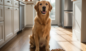 A photorealistic, heartwarming shot of a healthy adult Golden Retriever sitting attentively next to its full food bowl in a bright, modern kitchen