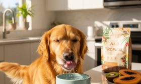A photorealistic shot of a healthy, happy dog, a beautiful Golden Retriever, lapping up fresh water from a clean ceramic bowl in a brightly lit, modern kitchen