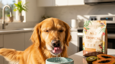 A photorealistic shot of a healthy, happy dog, a beautiful Golden Retriever, lapping up fresh water from a clean ceramic bowl in a brightly lit, modern kitchen