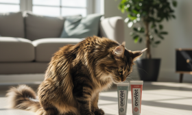 A photorealistic, heartwarming shot of a beautiful long-haired Maine Coon cat with a visibly glossy, healthy coat
