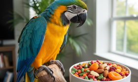 A vibrant and healthy Blue-and-gold Macaw is perched elegantly on a natural wood branch next to a pristine white ceramic bowl