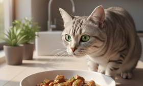 A stunning photorealistic shot of a healthy silver tabby cat eagerly looking at a ceramic bowl filled with delicious wet cat food