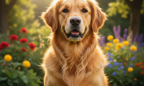 A stunningly beautiful Golden Retriever with a vibrant, glossy coat sits proudly in a sun-drenched, lush green garden