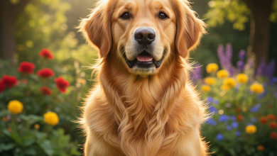 A stunningly beautiful Golden Retriever with a vibrant, glossy coat sits proudly in a sun-drenched, lush green garden