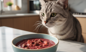 A photorealistic, close-up shot of a beautiful, healthy silver tabby cat looking intently at a ceramic bowl filled with Schesir After Dark Velvet Mousse cat food