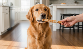 A photorealistic, heartwarming shot of a healthy Golden Retriever sitting attentively on the floor of a sunlit, modern kitchen