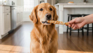 A photorealistic, heartwarming shot of a healthy Golden Retriever sitting attentively on the floor of a sunlit, modern kitchen