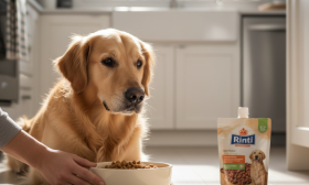 A photorealistic, heartwarming shot of a healthy adult Golden Retriever in a bright, modern kitchen